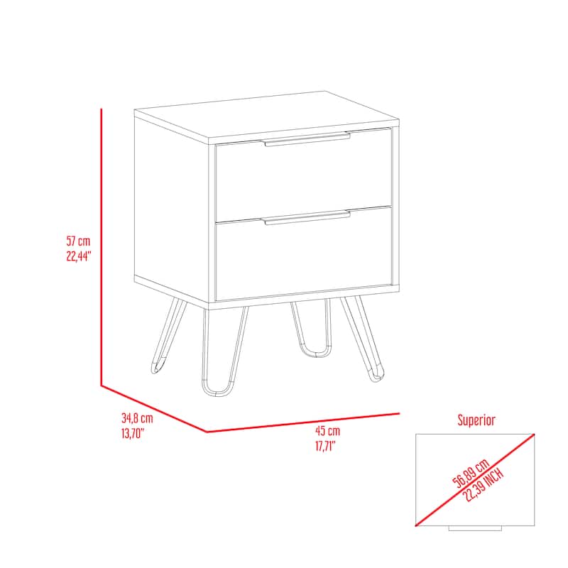 Two Drawers Nightstand, Living Room Bedroom, Desk Cabinet, Hairpin Legs
