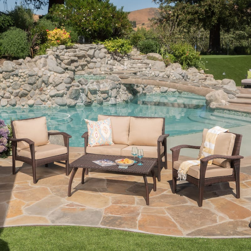 4 Piece PE Rattan Patio Furniture Metal Conversation Set,Waterproof Fabric Cushions Sofa and Sturdy Iron Frame Coffee Table - Brown+Tan