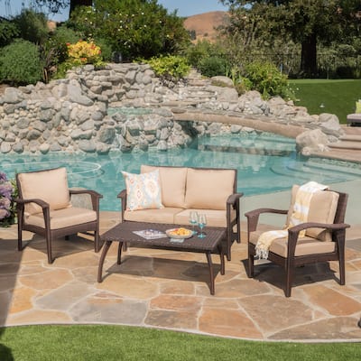 4 Piece PE Rattan Patio Furniture Metal Conversation Set,Waterproof Fabric Cushions Sofa and Sturdy Iron Frame Coffee Table