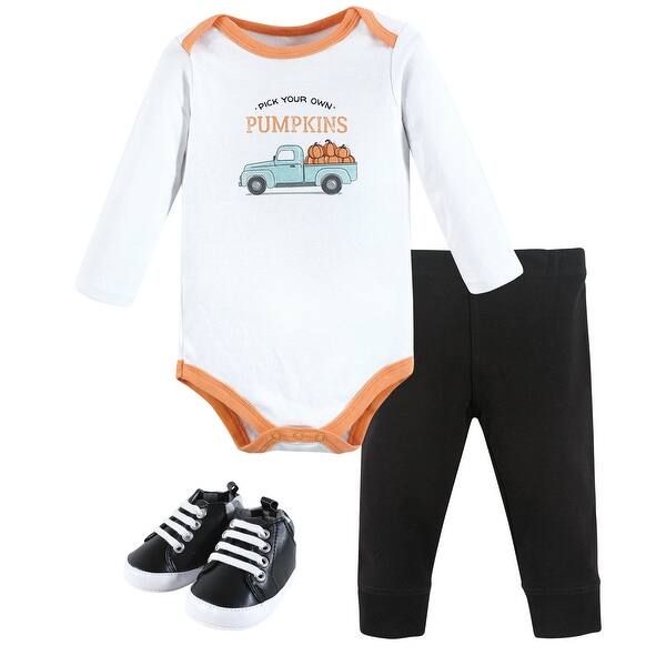 slide 1 of 1, Hudson Baby Infant Boy Cotton Bodysuit, Pant and Shoe Set, Pumpkin Truck 0-3 Months - Pumpkin Truck