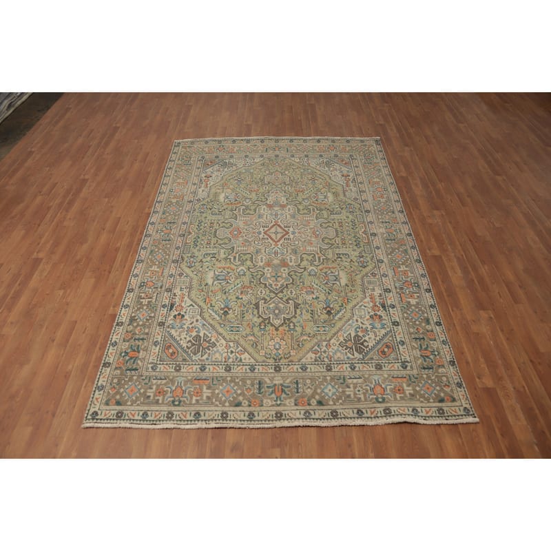 Hand Knotted Oriental 100% Wool Carpet Traditional Medallion Green Tabriz Area Rug - 9' 4'' X 6' 4''