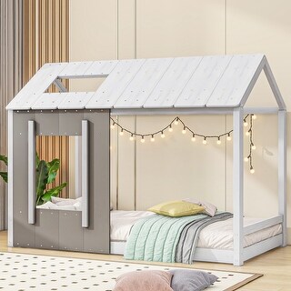 White Wooden Platform Bed Frame, Modern Twin Size House Bed Frame with Roof and Window, No Box Spring Needed