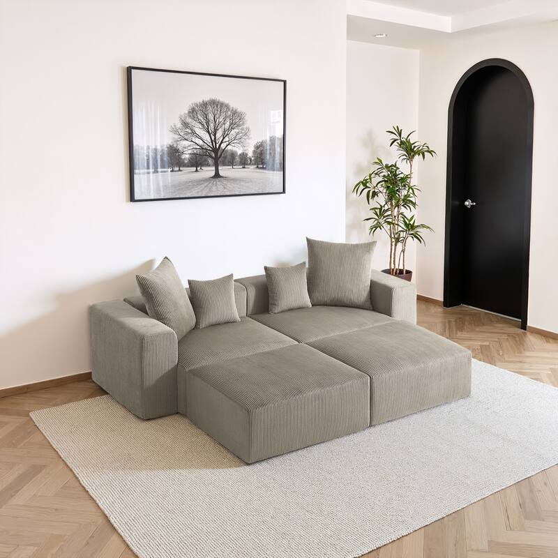 81"W No Assembly Corduroy Modular Sectional Sofa with Ottoman