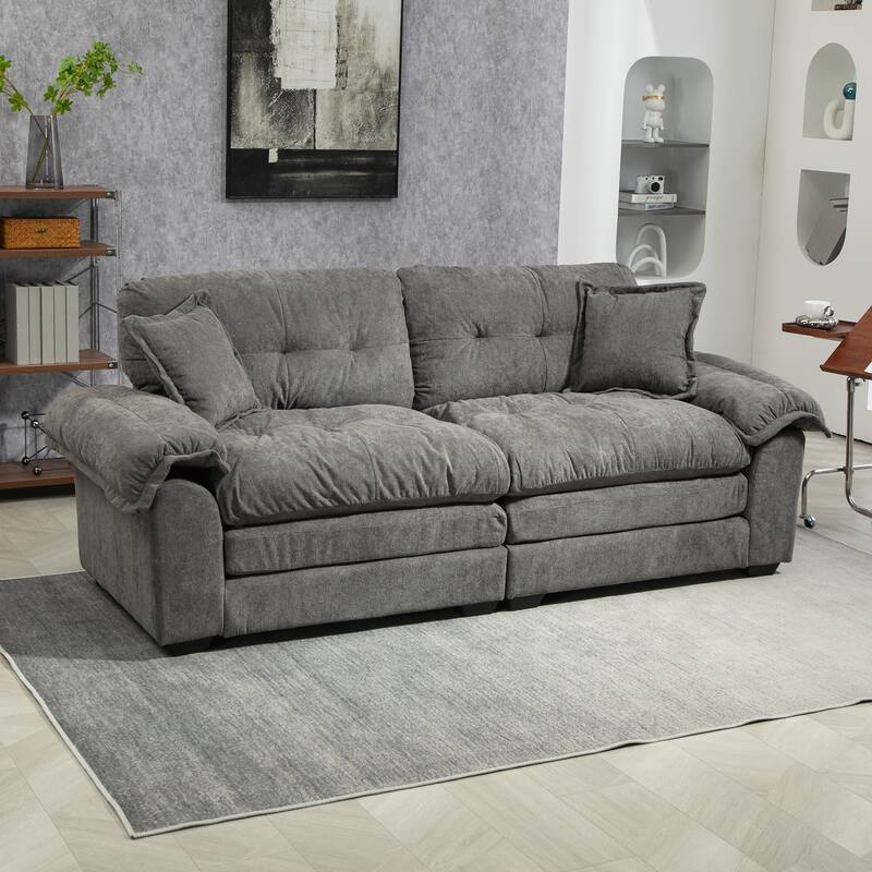 84" Chenille Sofa Small Sofa Loveseat Deep Seat Sofa Couch with 2 Throw Pillows & Memory Foam Lounge - Grey