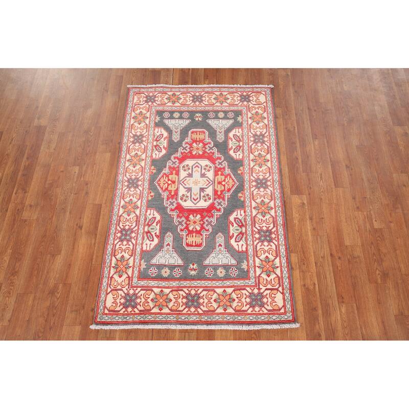 Geometric Kazak Oriental Accent Rug Handmade Grey Wool Carpet - 3'1" x 5'1"