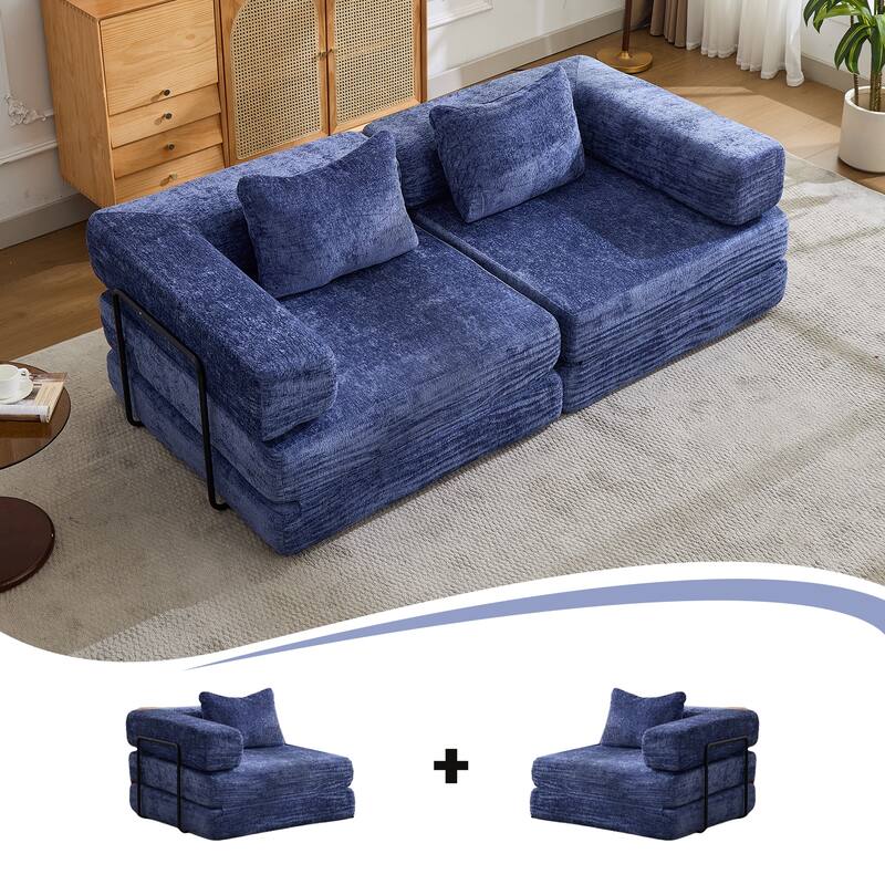 Convertible Floor Sofa Bed - Fixed Frame Chenille Loveseat, Modular Sectional, No Assembly Required
