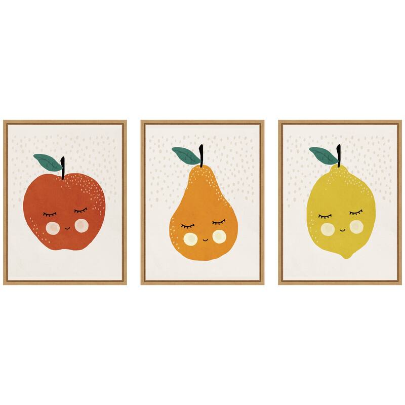 Kate and Laurel Cute Apple Lemon Pear 3 Piece Framed Canvas Wall Art Set by July Art Prints - 3 Piece Set 18x24 - Natural