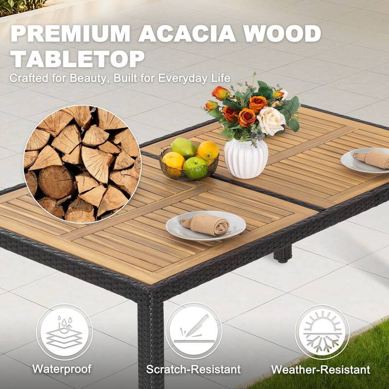 Patio Dining Table, Acacia Wood Top, PE Rattan-Wrapped Metal Frame, Black
