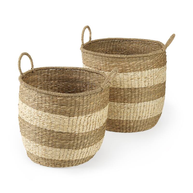 Bradley 18.1L x 18.1W x 16.0H (Set of 2) Light Brown W/Striped Seagrass Basket W/ Handles - Light Brown