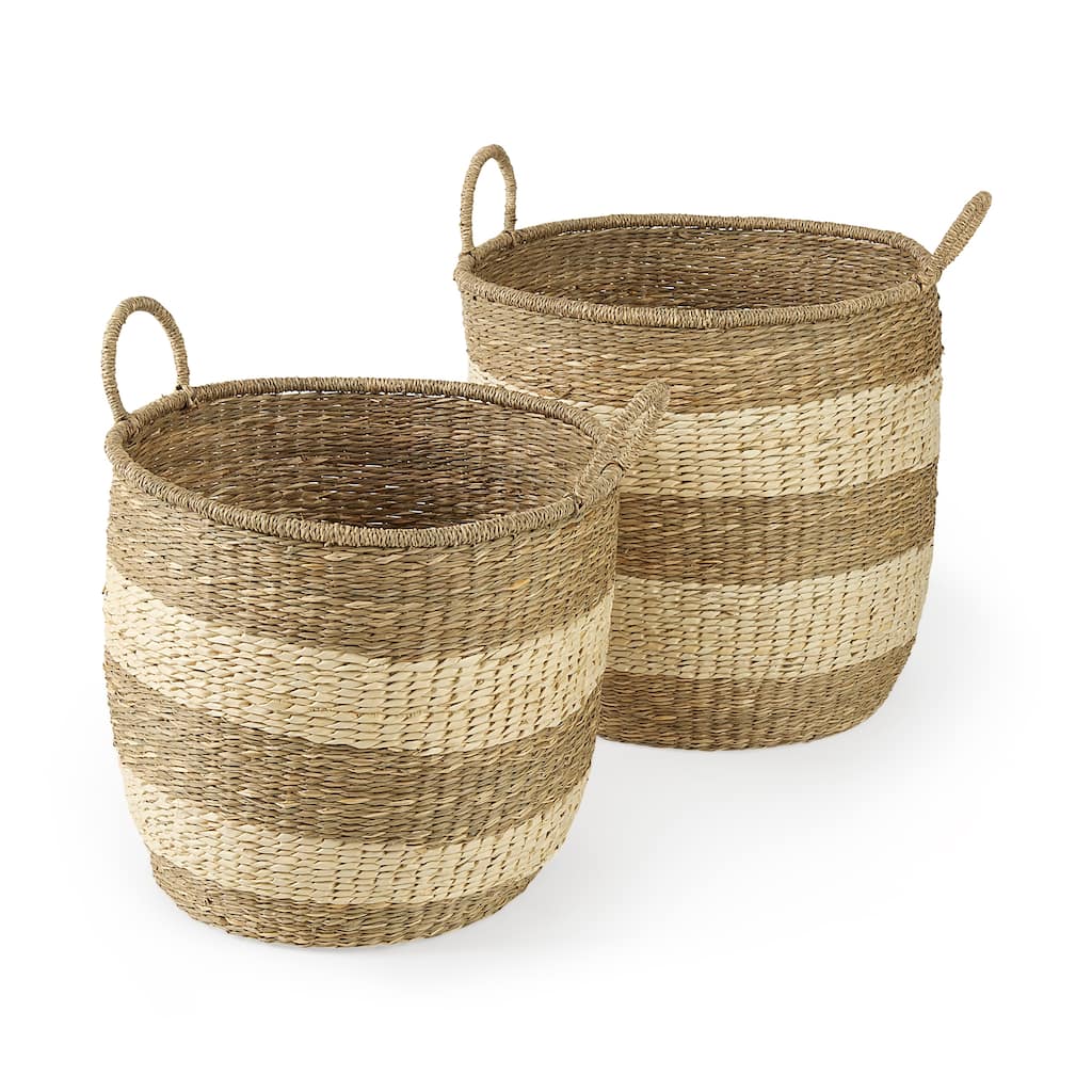 Bradley 18.1L x 18.1W x 16.0H (Set of 2) Light Brown W/Striped Seagrass Basket W/ Handles