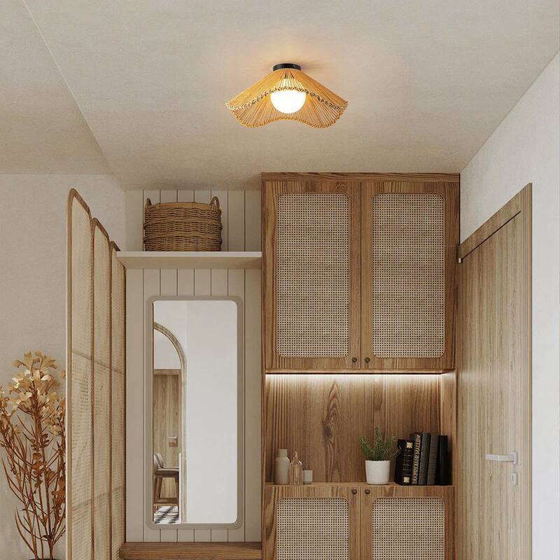 1-Light Boho Jute Rope Flush Mount Ceiling Light - Scalloped Natural Fiber Fixture for Bedroom - 1 Light