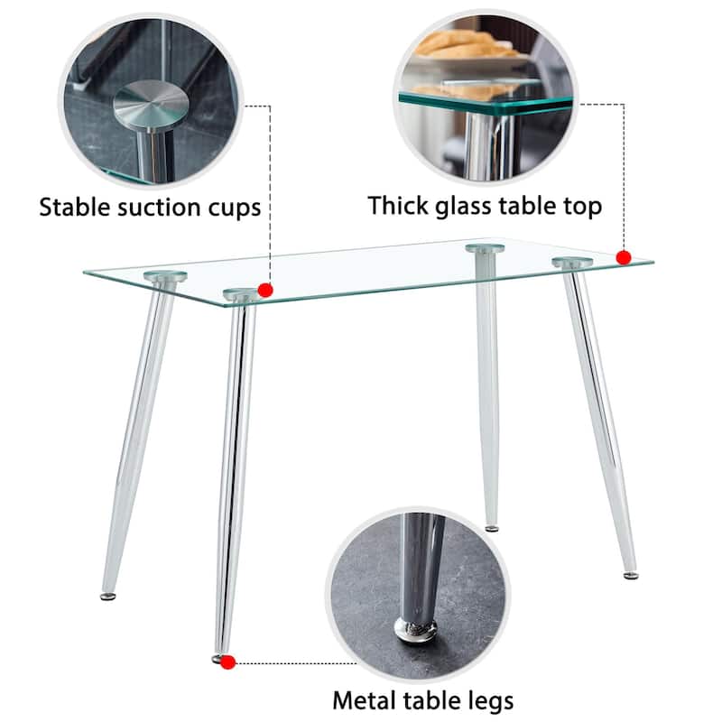 Modern Minimalist Rectangular Glass Dining Table for 4-6 with 0.31" Tempered Glass Tabletop and Silver plating Metal Legs