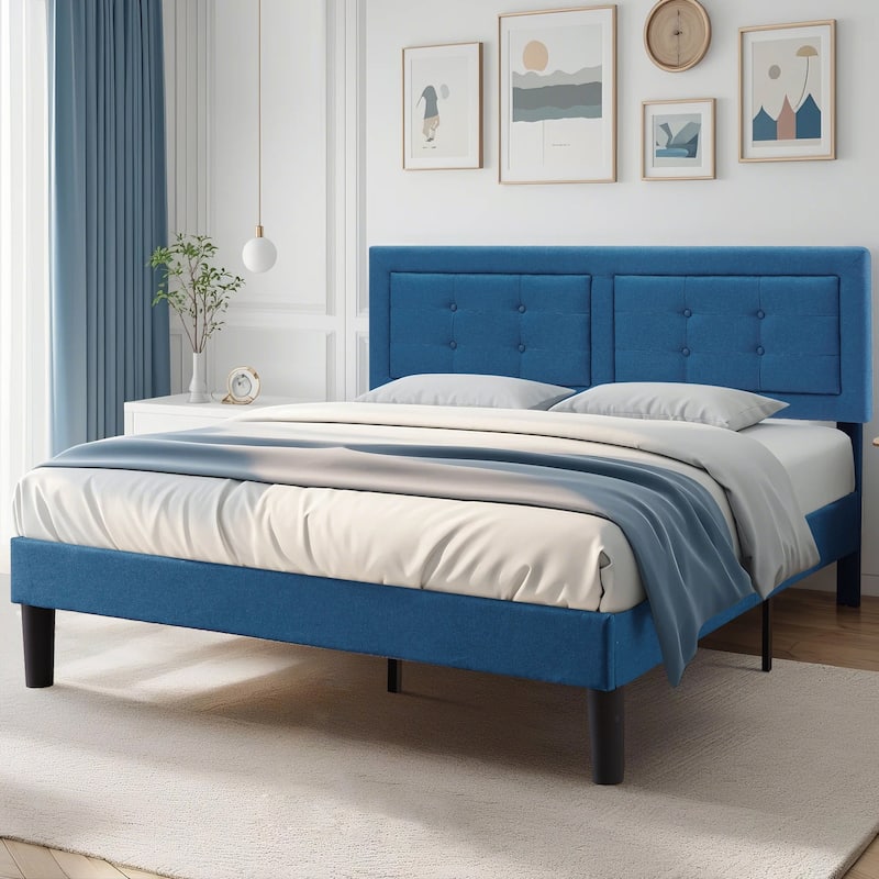 Modern Upholstered Platform Bed Frames with Adjustable Headboard,Blue Beds - Blue - Full