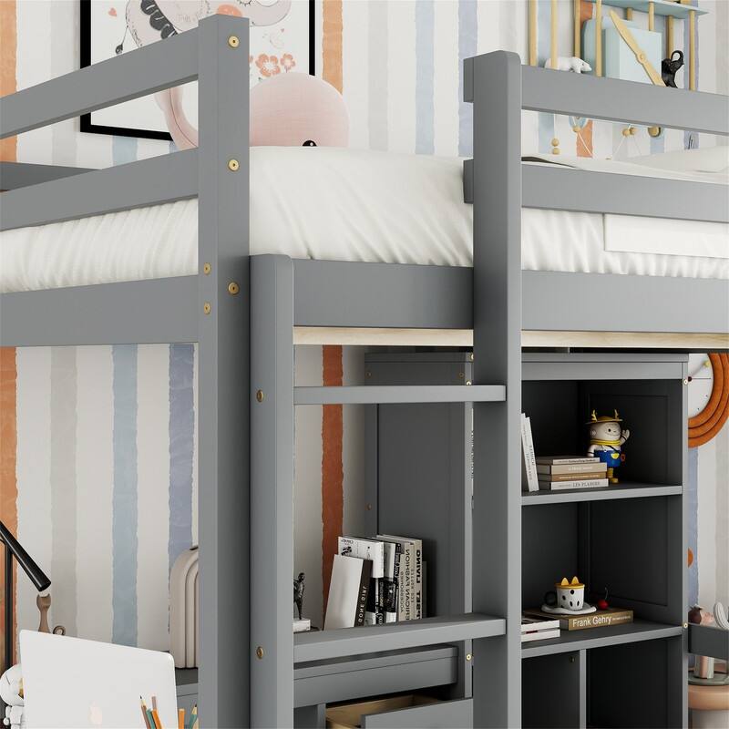 Full Size Loft Bed with Bulit-in L-Shaped Desk and Ladder, Wooden High Loft Bedframe with Storage Drawers and Shelves