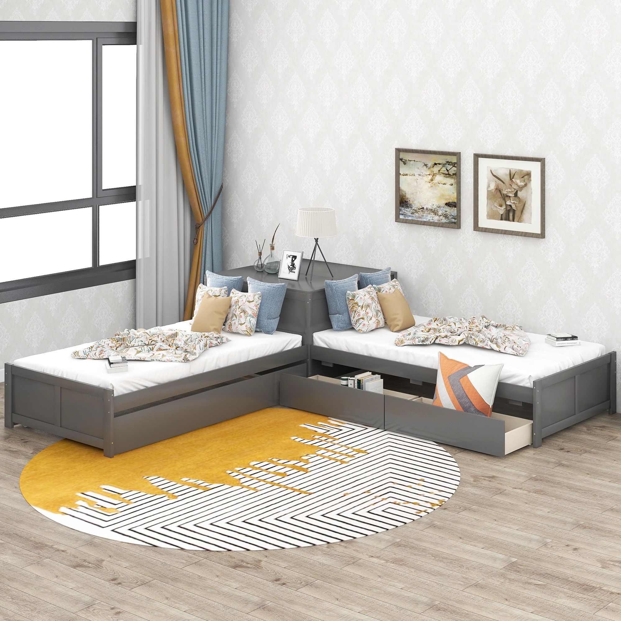 L shaped twin hot sale beds with corner table