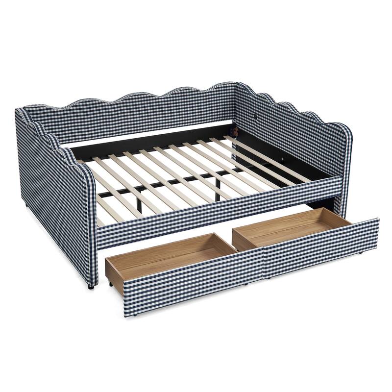 Full/Queen Gingham Daybed with 2 Storage Drawers, USB Port & Wave Shaped Linen Fabric