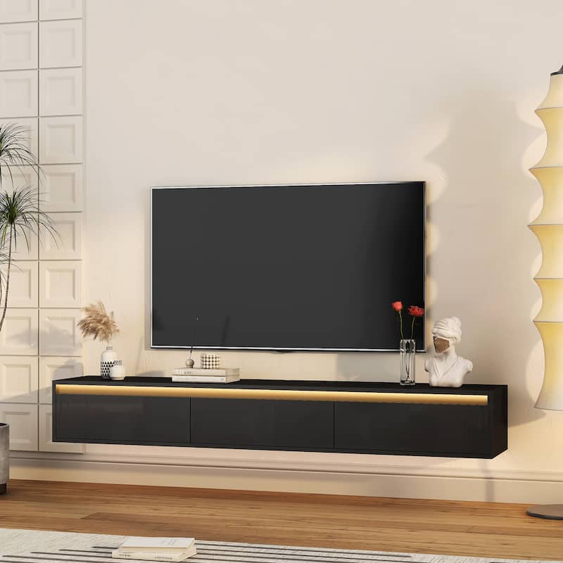 64.96" Floating TV Stand with Open Shelves, LED Lights and Power Outlet for TVs Up to 60"