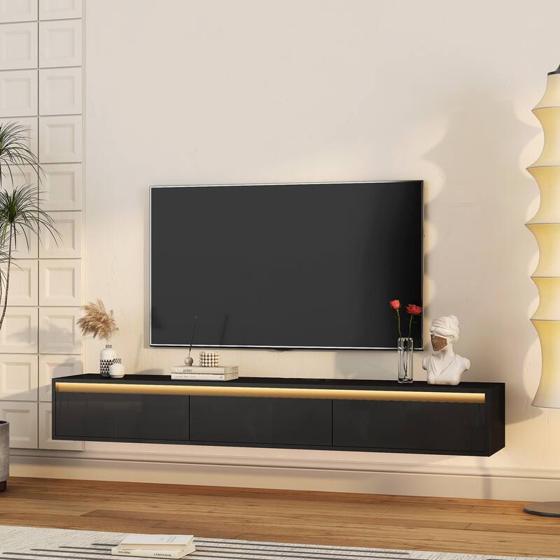Modern Floating Wall-Mounted TV Stand with High-Gloss TV Stand, featuring LED Lights and Power Outlets, for Living Rooms