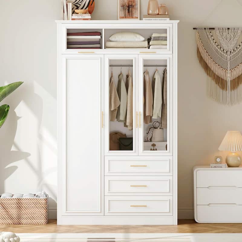 4-Door Wardrobe Armoire Closet with LED Lighting and 3 Drawers - White