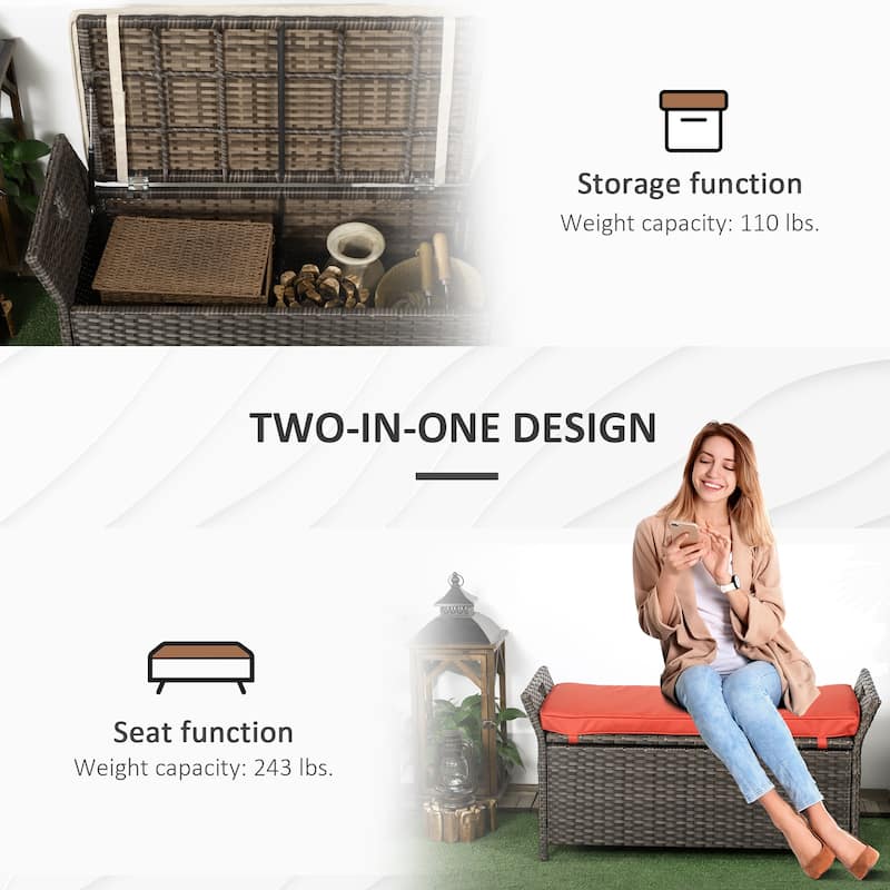 Outsunny 27 Gallon Patio Wicker Storage Bench, Outdoor PE Rattan Patio Furniture, Two-In-One Large Capacity Footstool