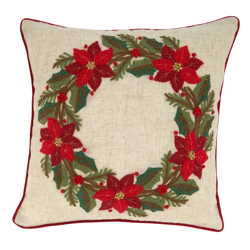 Poinsettia Wreath Design Pillow - Feather Down