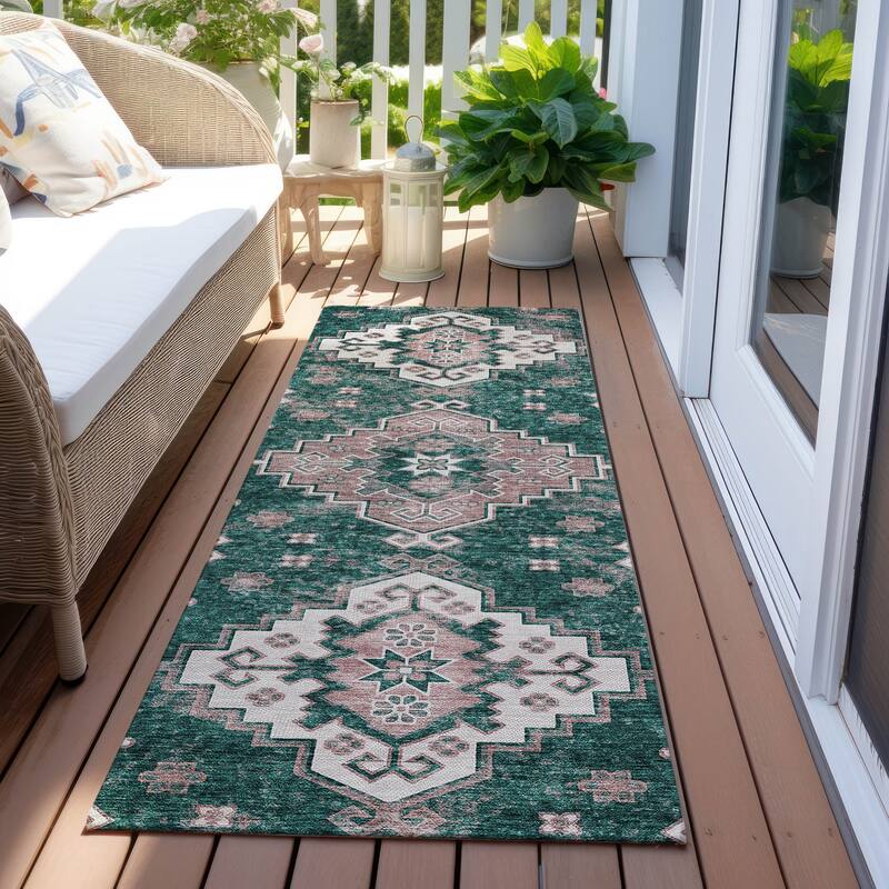 Machine Washable Indoor/ Outdoor Chantille Boho Tribal Rug - Emerald - 2'3" x 7'6"