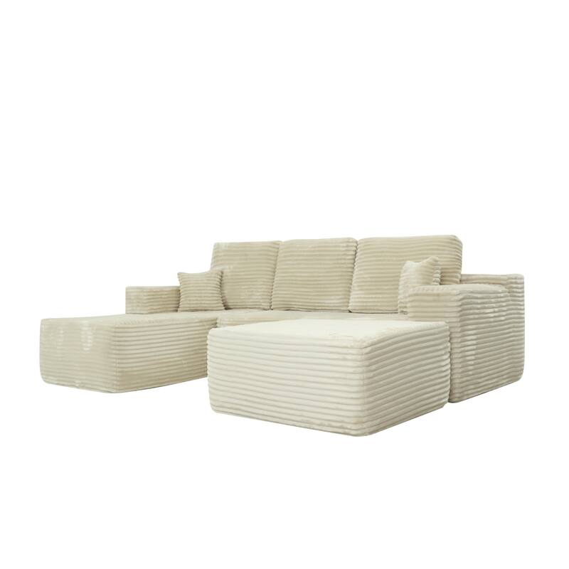 U-Shaped Sectional Couch Boneless Corduroy Couch with Chaise ‌and Ottoman‌, Upholstered Modular Lounger Sofa