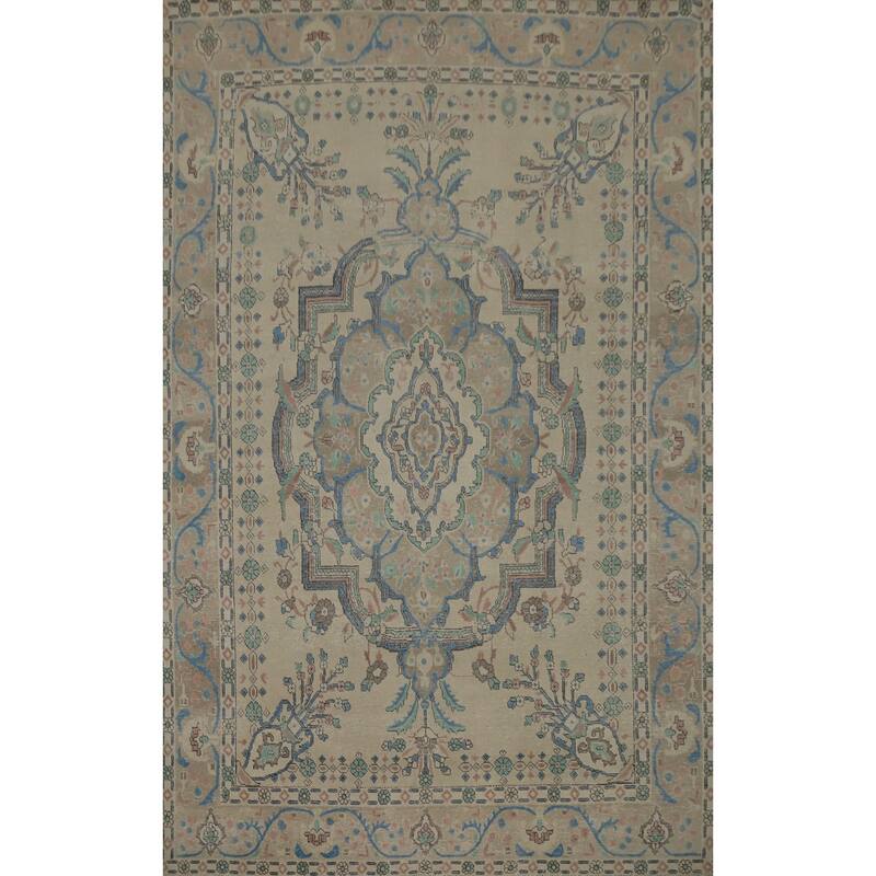 Hand Knotted Oriental 100% Wool Carpet Traditional Floral Beige & Ivories Tabriz Area Rug - 11' 0'' X 7' 10''
