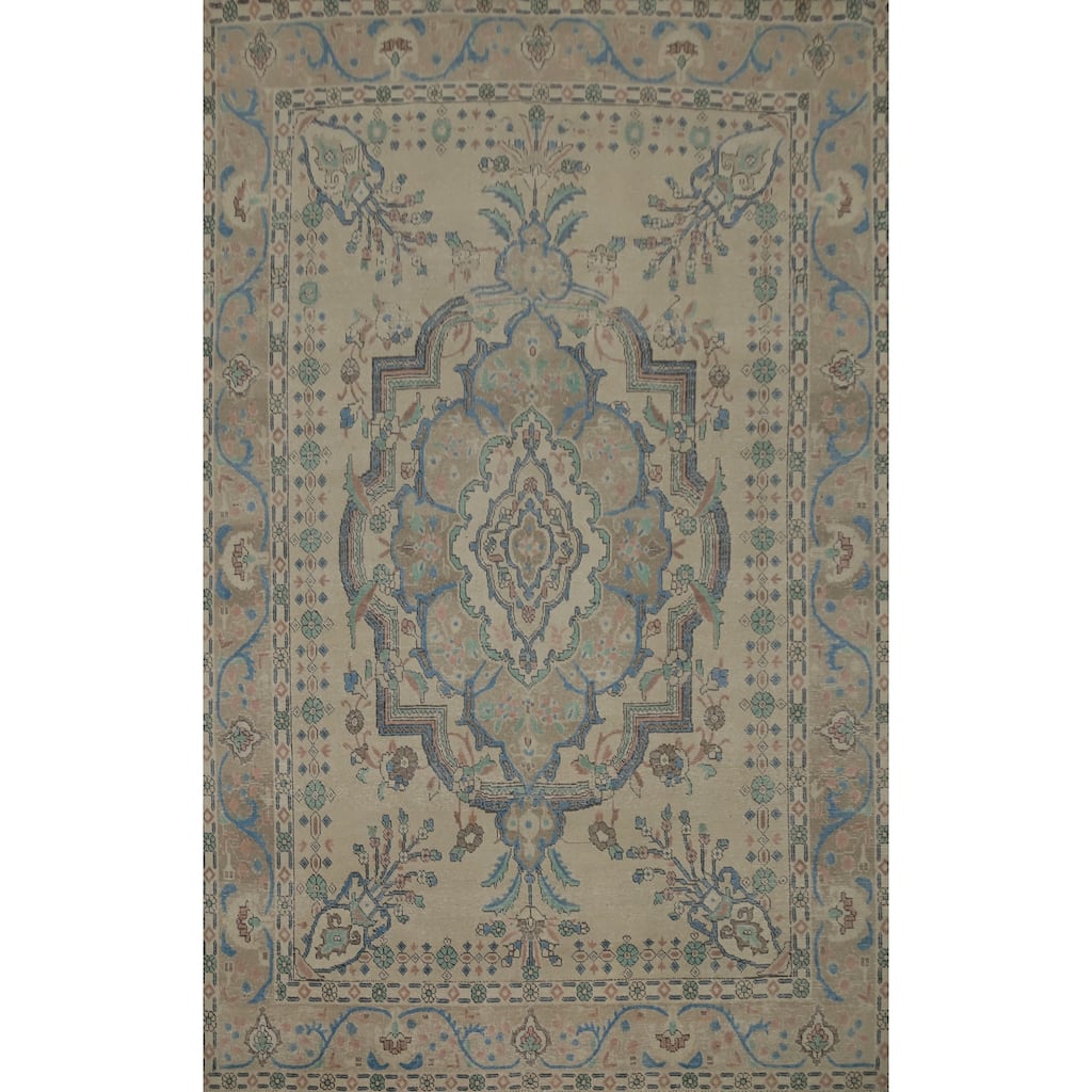 Hand Knotted Oriental 100% Wool Carpet Traditional Floral Beige & Ivories Tabriz Area Rug - 11' 0'' X 7' 10''