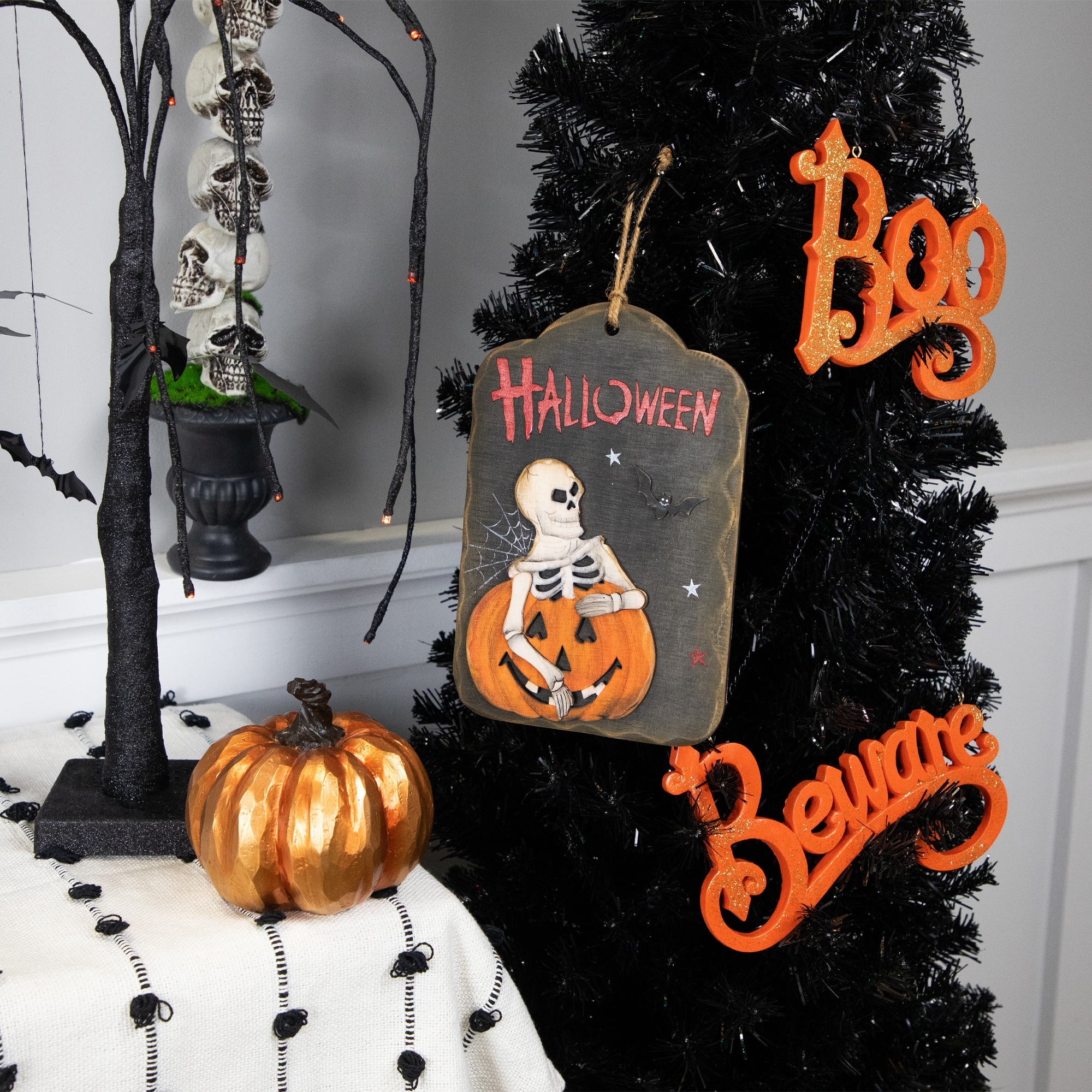 Skeleton and Jack-O-Lantern Halloween Wall Sign - 9.75"