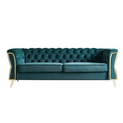 Modern Tufted Velvet Sofa 87.4 Inch For Living Room Green Color