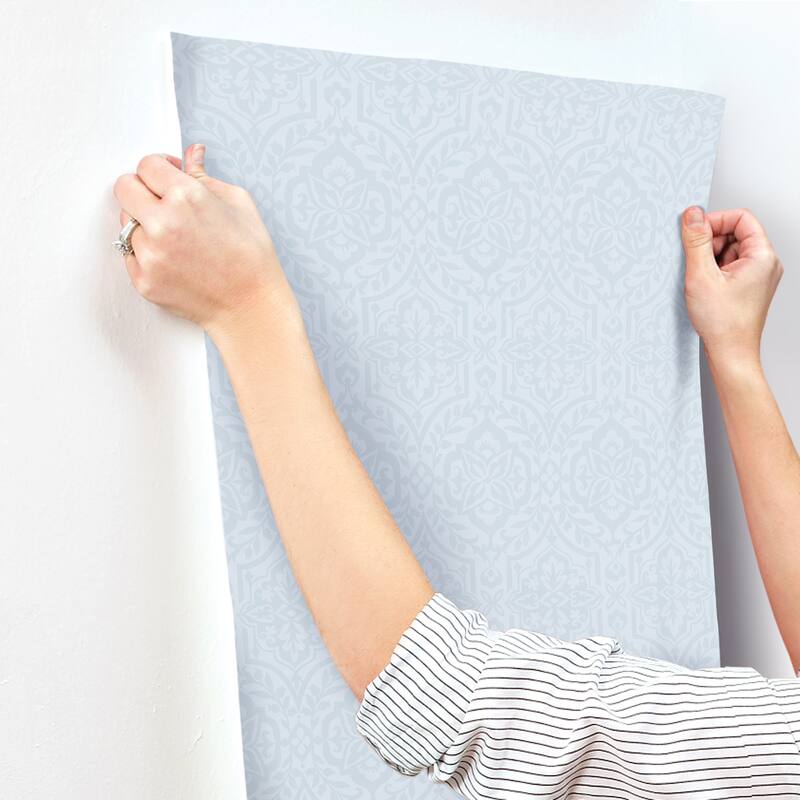 Gagny Blue Sure Strip Prepasted Damask Catherdral Damask Wallpaper Covers about 60.75 sq. ft.