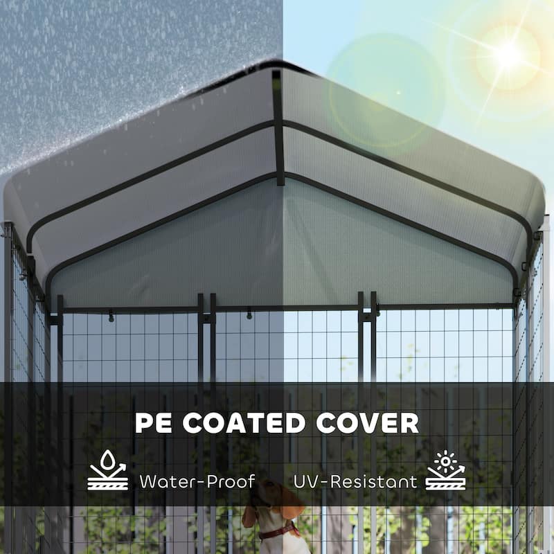 Silver-Black Steel Outdoor Dog Kennel with PE Cover and Secure Door - 70.8"W x 48"D x 72"H