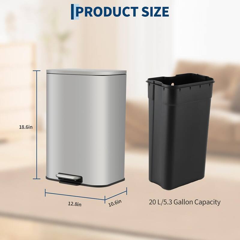 5.3 Gal Soft-Close Lid Stainless Steel Trash Can for Kitchen, Bathroom, Office
