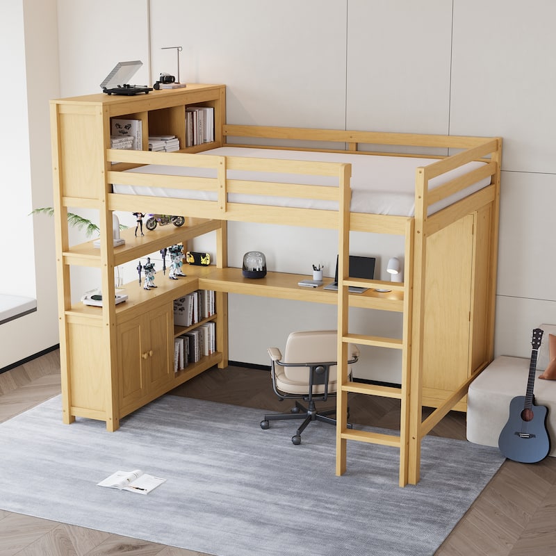 All-in-One Queen Size Loft Bed with L Shape Desk, Bookcase Headboard, Storage Cabinet and Built-in Wardrobe with Hanging Pole