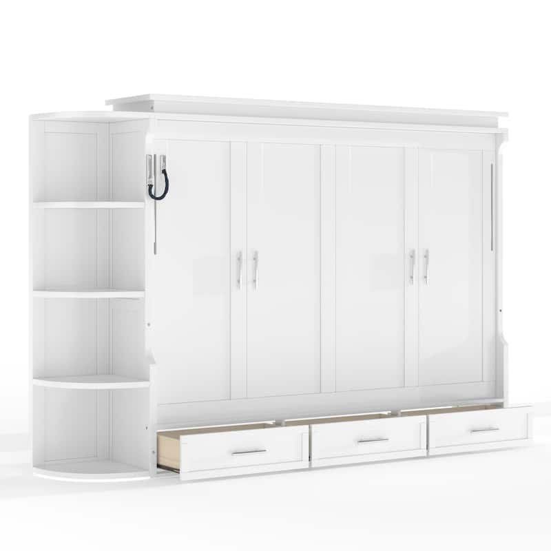 Murphy Platform Bed with Side Cabinets & Drawers, Wall Bed with Shelf for Home Office, Queen or Full