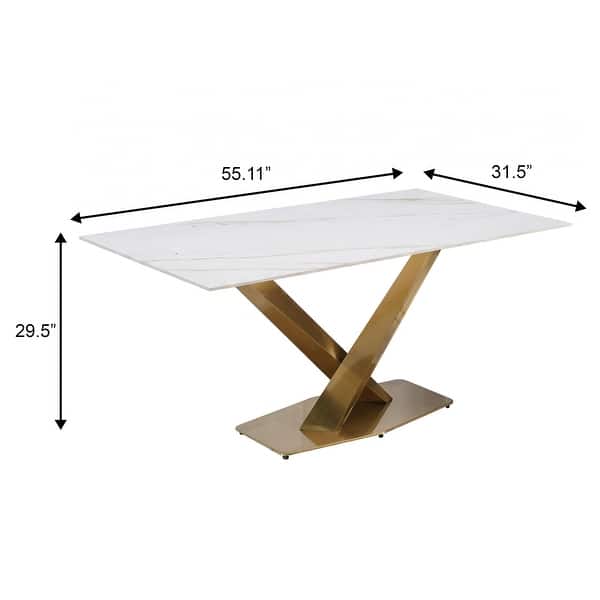 dimension image slide 3 of 14, Voren Modern Rectangular Dining Table, Sintered Stone/Tempered Glass Top & Stainless Steel Gold Finish Pedestal Base