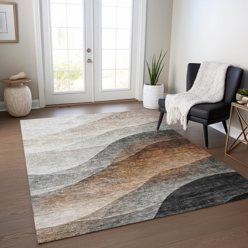 Machine Washable Indoor/ Outdoor Ombre Waves Chantille Rug - Khaki - 9' x 12'