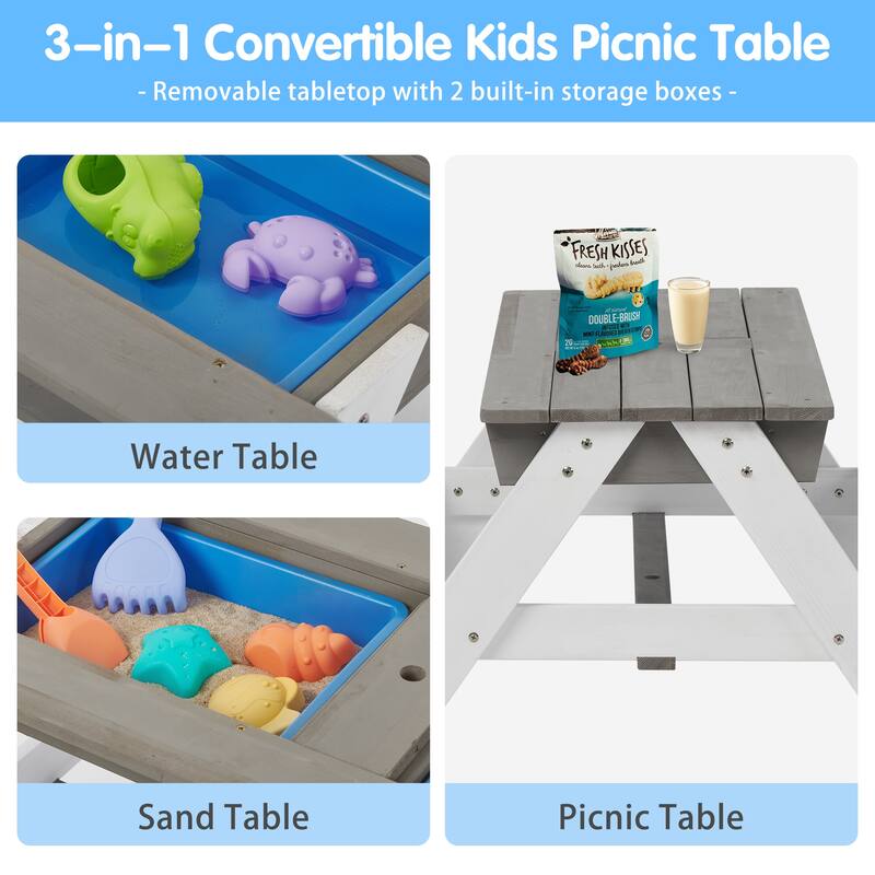 3-in-1 Kids Outdoor Wooden Picnic Table