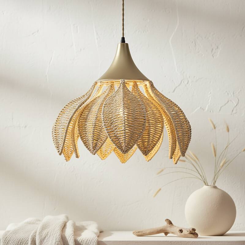 Yume 1-Light Rattan Lotus Pendant, Coastal Boho - Handwoven - 20" Wide