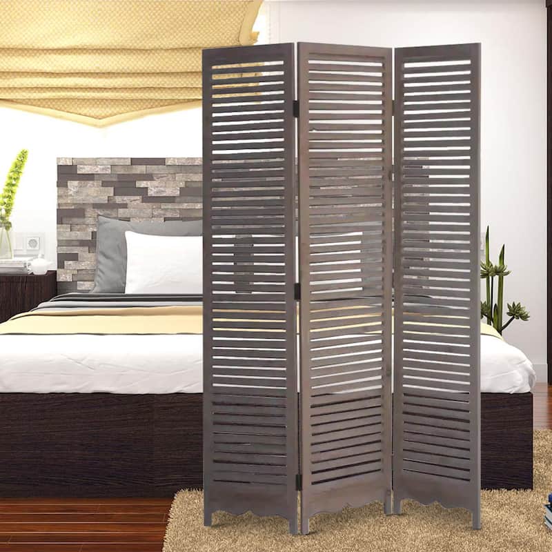 Minimal Wooden Screen with 3 Panels and Shutter Design, Brown