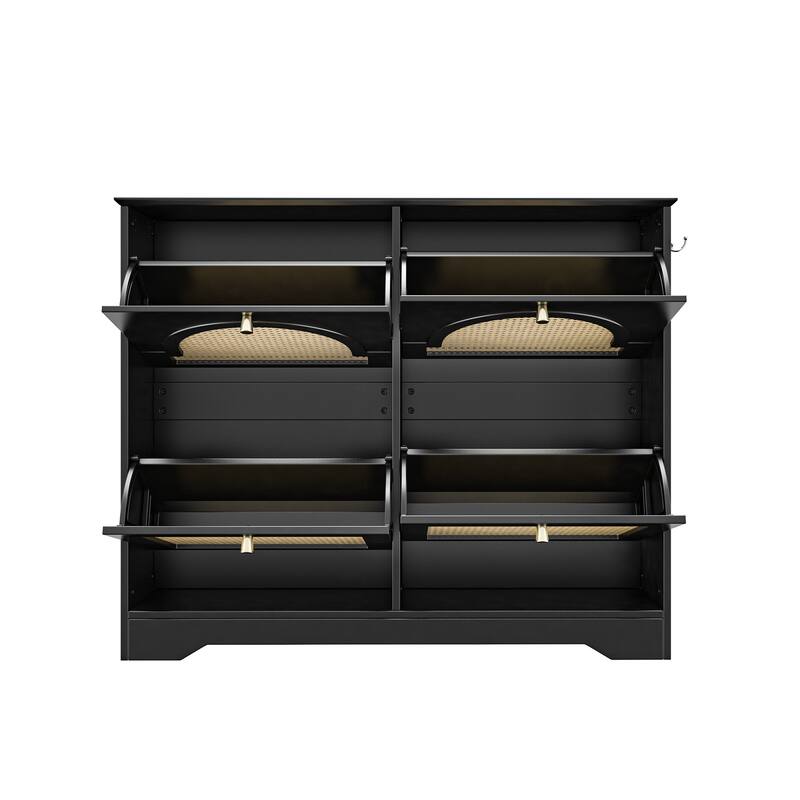 Mid-Century Narrow Tipping Bucket Shoe Cabinet with 4 Flip Drawers and Rattan Doors - 42.1" W × 8.3" D × 35.4" H