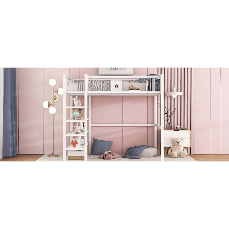 Metal Loft Bed with 4-Tier Shelves and Storage
