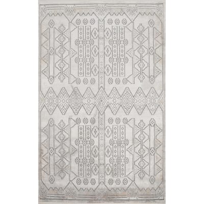 Machine Made Oriental Polyester Carpet Geometric Greys & Charcoal Distressed Area Rug - 7' 5'' X 5' 2''