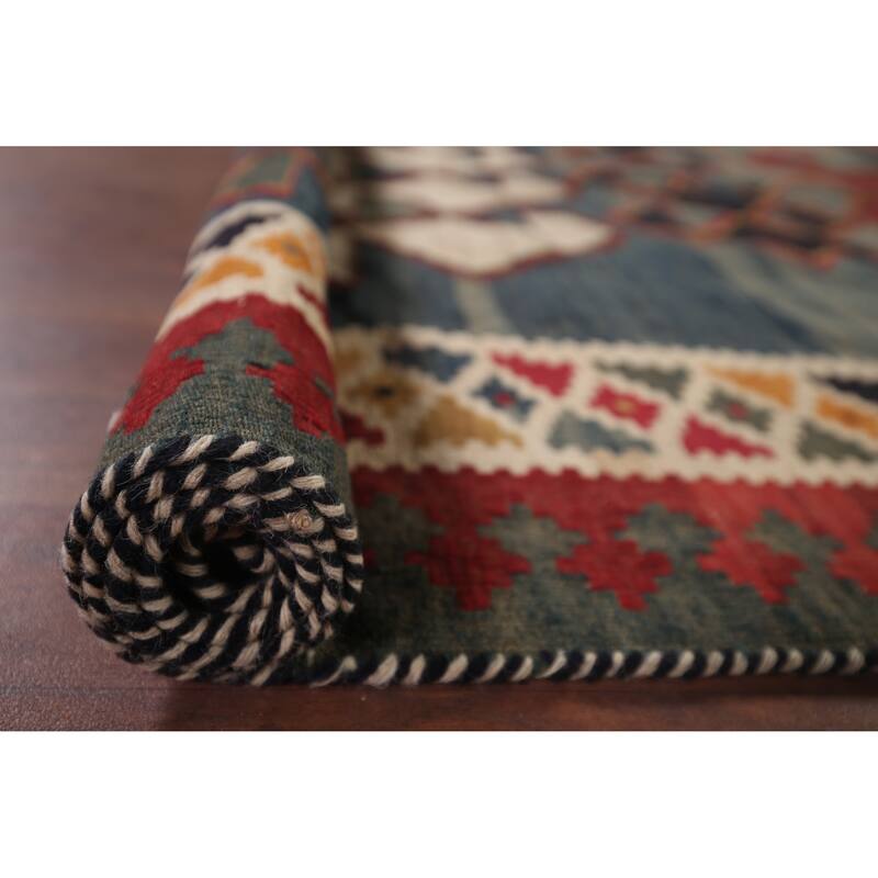 Kilim Qashqai Persian Vintage Rug Hand-Woven Blue Wool Carpet - 4'9"x 8'9"