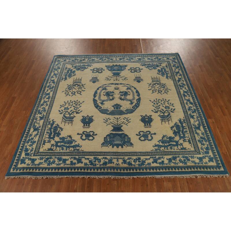 Hand Knotted Oriental 100% Wool Carpet Traditional Geometric Beige & Ivories Art Deco Area Rug - 7' 11'' X 8' 1''