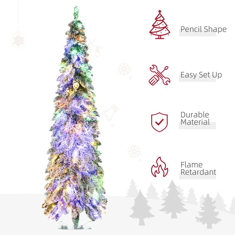 6ft Prelit Pencil Xmas Tree with 407 Snow Flocked Branches and LED Light Options
