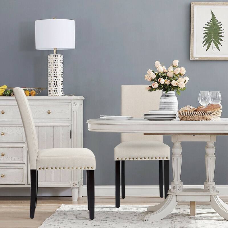 Set of 2 Fabric Upholstered Dining Chairs with Nailhead