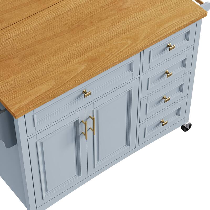 Mobile Kitchen Island with Five Drawers Adjustable Shelf and Spice Rack