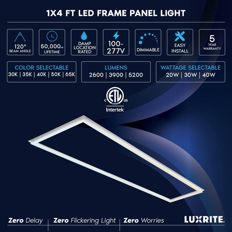 Luxrite 1x4 FT Edge-Lit Frame LED Panel Lights, 5CCT Selectable, 2600/3900/5200LM, 0-10V Dimmable, Damp Rated 4 Pack